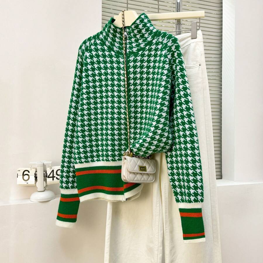 Women's Green Houndstooth Knit Cardigan, With Zipper And Stand Collar, Long Sleeve, Medium Stretch, Regular Length, Suitable For Autumn/Winter - Green - View 1