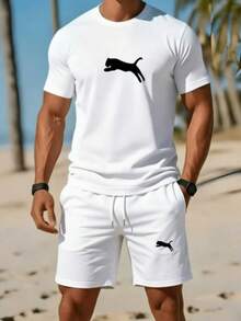 Men's Fashionable Short-Sleeve Set: Summer Crew Neck Short-Sleeve T-Shirt + Casual Shorts, 2pcs Sportswear Set With Flying Leopard Pattern Heat Transfer Print, Breathable Short-Sleeve Top, Men's Casual Sportswear Set,  T-Shirt + Shortssummer Tops Summer Clothes - 混合顏色 - 查看 7