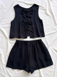 Top sin espalda con textura y lazo, holgado y casual para vacaciones, shorts casuales con elástico en la cintura y bolsillos, para playa y mar - Negro 2 - Ver 2