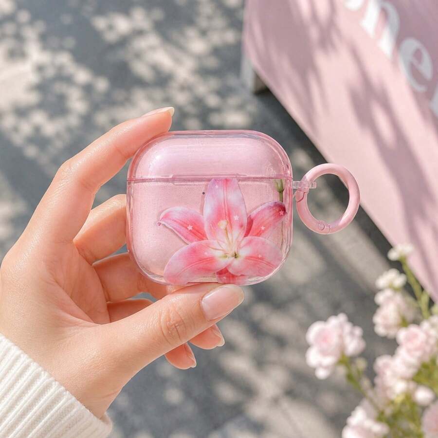 百合花印花透明耳机保护套,带挂环,防震软壳,兼容 4/1/2代、Pro 2/3/Pro 3,少女防刮耳机保护套 - 淺粉色 - 查看 1
