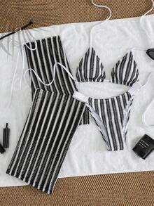 3 piezas Conjunto de bikini de punto a rayas sexy - Top triangular + Calzoncillos de cintura baja + Pantalones de pierna ancha con tirantes ajustables| Traje de baño de vacaciones de playa retro para el verano - Blanco - Ver 1