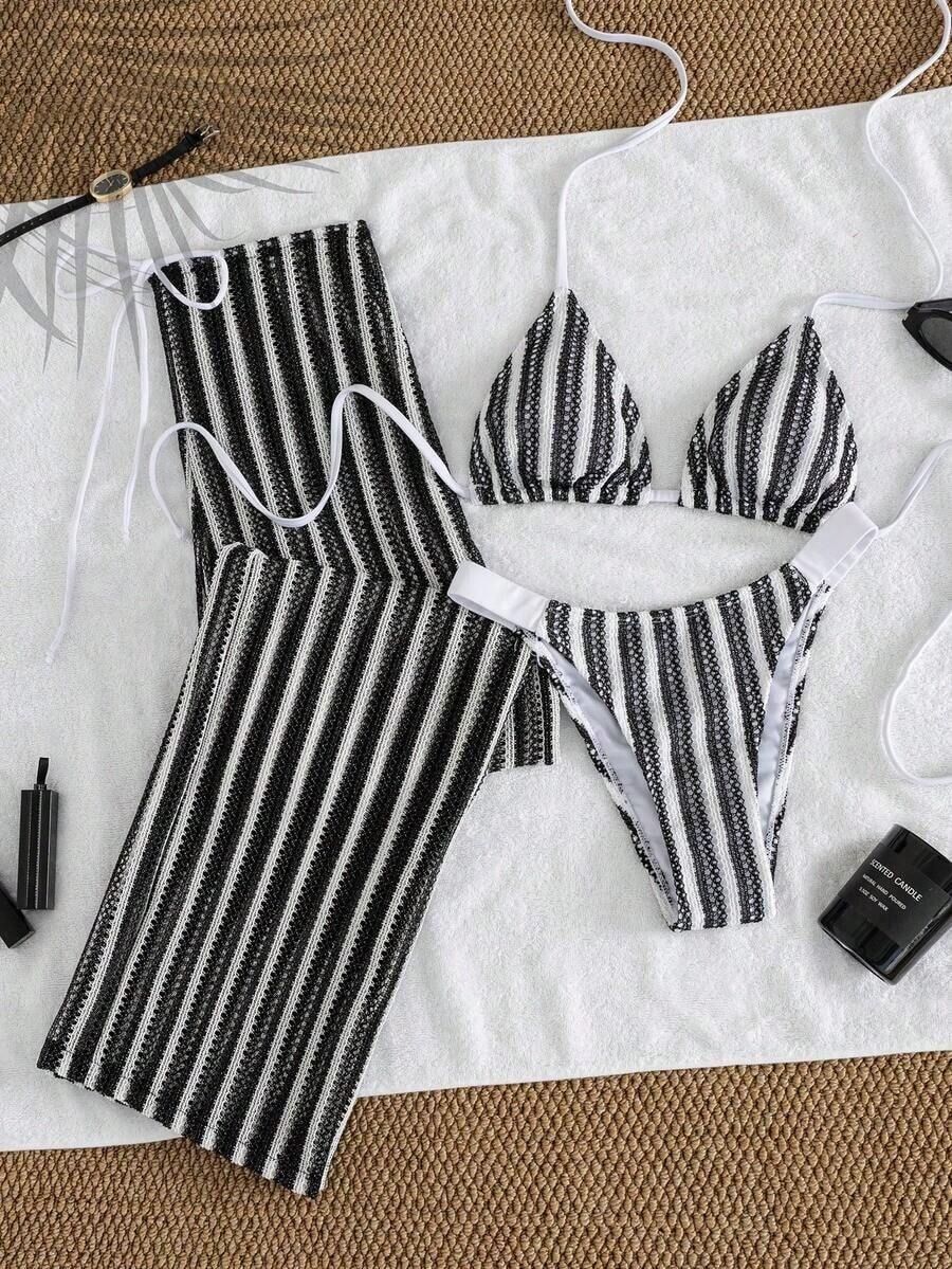 3 piezas Conjunto de bikini de punto a rayas sexy - Top triangular + Calzoncillos de cintura baja + Pantalones de pierna ancha con tirantes ajustables| Traje de baño de vacaciones de playa retro para el verano - Blanco - Ver 1