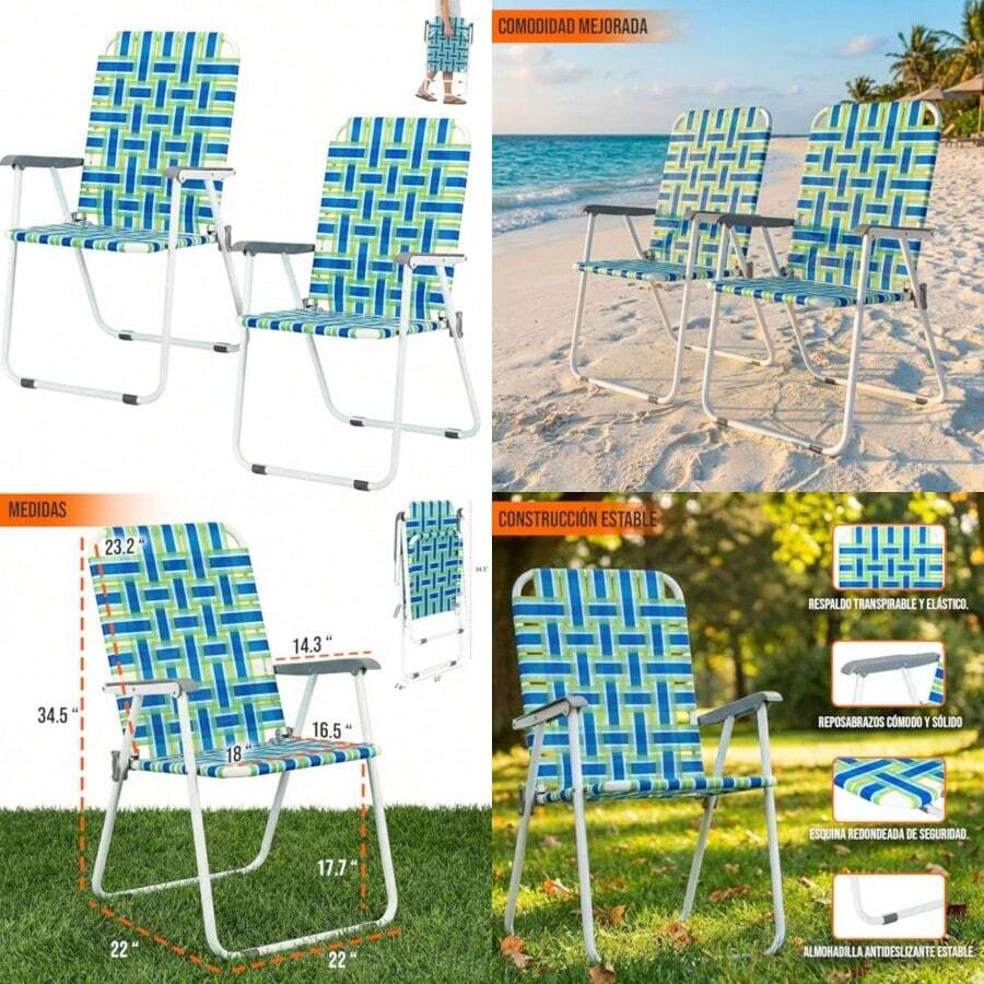 Timotech Set de 2 Sillas Plegables para Exterior de Malla Transpirable Sillas Portátiles para Playa y Jardín con Respaldo Alto Estructura de Metal Reforzada para Camping y Patio - Multicolor - Ver 1
