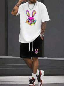 Una playera casual y básica para hombre, con diseño de Conejo animado, estilo rudo americano, para el día a día y los viajes - Blanco - Ver 4