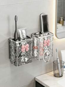 1pc Bowknot Bathroom Storage Rack - Wall Mounted, Plastic Toothbrush And Toothpaste Rack, Makeup Brush Storage Box, Makeup Pad Storage Box, Powder Storage Box And Hair Line Storage Box, Self-Adhesive, No Punching Design, Suitable For Accessories Storage, Family Organization Open Storage Box, Glacier Pattern Wall Mounted Storage Box - Multicolor - View 4