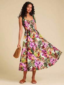 TRVLCHIC Vestido midi con tirantes de espagueti estampado tejido para vacaciones - Multicolor 4 - Ver 3