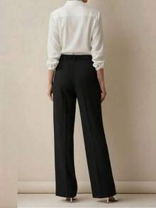 Conjunto minimalista de 2 piezas para mujer: Pantalones de cintura alta y pierna ancha, color azul marino clásico y café, con pliegues en la cintura, conjunto de pantalones de oficina y casuales de lujo moderno y discreto, elegante y con estilo profesional y urbano - Blanco y Negro - Ver 3