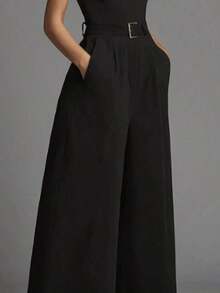 Mono de cuello alto minimalista y cómodo para mujer, de manga corta, color negro, con la cintura ceñida [sin cinturón, el cinturón es solo decorativo], elegante para primavera/verano/otoño - Negro - Ver 4