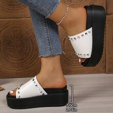 Plus Size Thick Sole Slippers For Women, Solid Color Summer Fashion New Retro Round Toe Rivet Casual Flip Flops - White - View 7