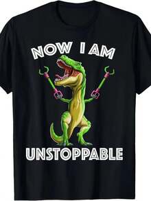 Men's Summer T-Shirt, Casual, Black, Short-Sleeved, With An Unstoppable Tyrannosaurus Rex Print, Ideal For Parties And Outdoor Sports - 黑色 - 查看 4