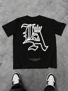 Manfinity Men's Plus Size Casual Loose Fit Black T-Shirt With White Portrait And Letter Print, Unique Artistic Tee Combining A Sculptural Pattern And English Slogan, Making Your Plus Size Look Personalized. 100% Cotton - 黑色 - 查看 3