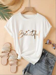 Camiseta de manga corta para mujer, estilo casual, holgada, versátil, con cuello redondo y estampado de letras en forma de corazón, para primavera/verano. - Blanco - Ver 8