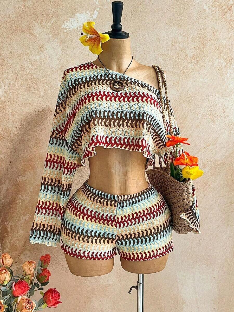 Conjunto de 2 piezas de top y shorts de cuello asimétrico de color sólido para mujer, estilo casual de vacaciones - Albaricoque 2 - Ver 1