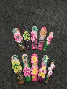 Juego de 10 piezas de uñas postizas de 5.5 cm con forma de ataúd hechas a mano con decoraciones de strass, lunares, enredaderas y flores. Adecuado para mujeres y niñas, perfecto para el Día de San Valentín, fiestas, vacaciones y uso diario. Accesorios para uñas, uñas - Multicolor - Ver 2