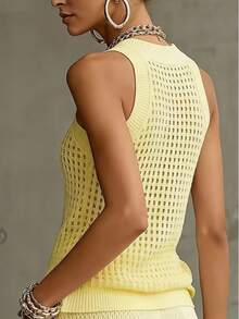 Camiseta de punto calada para mujer, sin mangas, cuello redondo, transpirable y ajustada, versátil camiseta interior elástica para ir al trabajo y citas en verano - Amarillo claro - Ver 2
