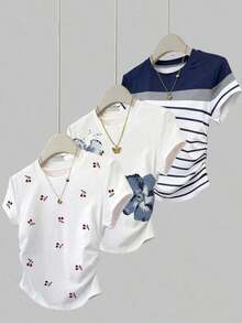 3 piezas Tops deportivos casuales de verano para mujer, nuevos diseños, a rayas y con estampado floral, adecuados para volver a la escuela, Día del Maestro - Multicolor 3 - Ver 9
