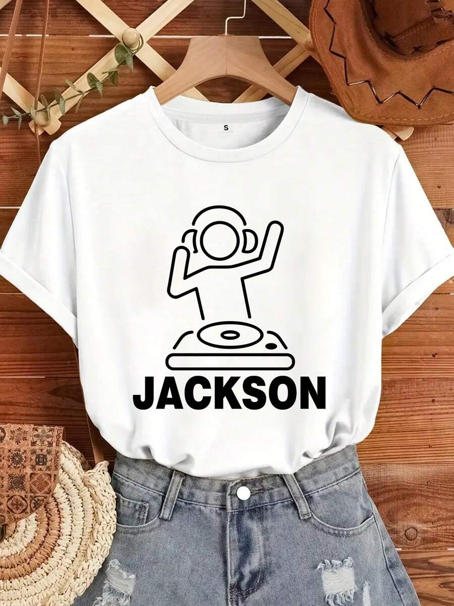 Women's Customizable DJ T-Shirt With Name - Fun Turntable Graphic T-Shirt For Music Lovers, Unisex, Casual, Short Sleeve Crew Neck, Birthday Gift For Him And Her, Casual Wear, Funny Design T-Shirt, Durable Print, Machine Washable, Durable Design, Lightweight, Breathable, Summer Hit - 白色 - 查看 1