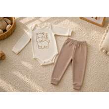 Baby 2-Piece Set: Long-Sleeved Bodysuit + Pants, 100% Cotton Suedine, Safari Animal Print (Tiger, Monkey, Hippopotamus), Unisex, Newborn To Extra Large, Neutral Beige, Maternity Set, Baby Clothes - 河馬 - 查看 1