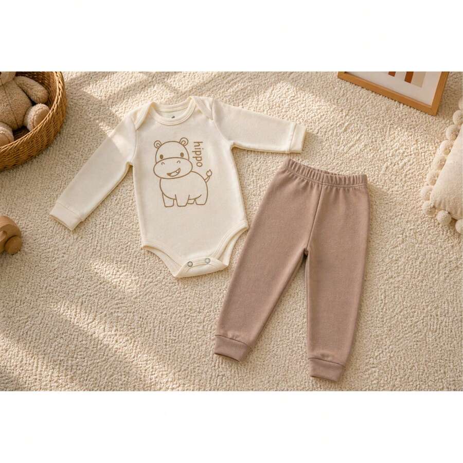 Baby 2-Piece Set: Long-Sleeved Bodysuit + Pants, 100% Cotton Suedine, Safari Animal Print (Tiger, Monkey, Hippopotamus), Unisex, Newborn To Extra Large, Neutral Beige, Maternity Set, Baby Clothes - 河馬 - 查看 1