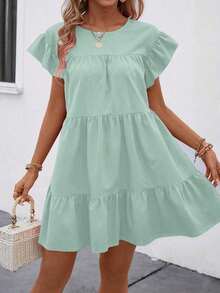 JJfghh Women Summer Solid Color Round Neck Loose Babydoll Dress With Ruffle Trim Vacation Beach Outfit Women Dress Women's Summer Dresses Women's Summer Outfits Wommen Dress Women Casual Dresses Casual Dresses For Women Summer Spring Outfits For Women Dresses Puff Dress For Women Zanea Dress For Woman Resort Wear Women Vacation Dress - Amarillo - Ver 9