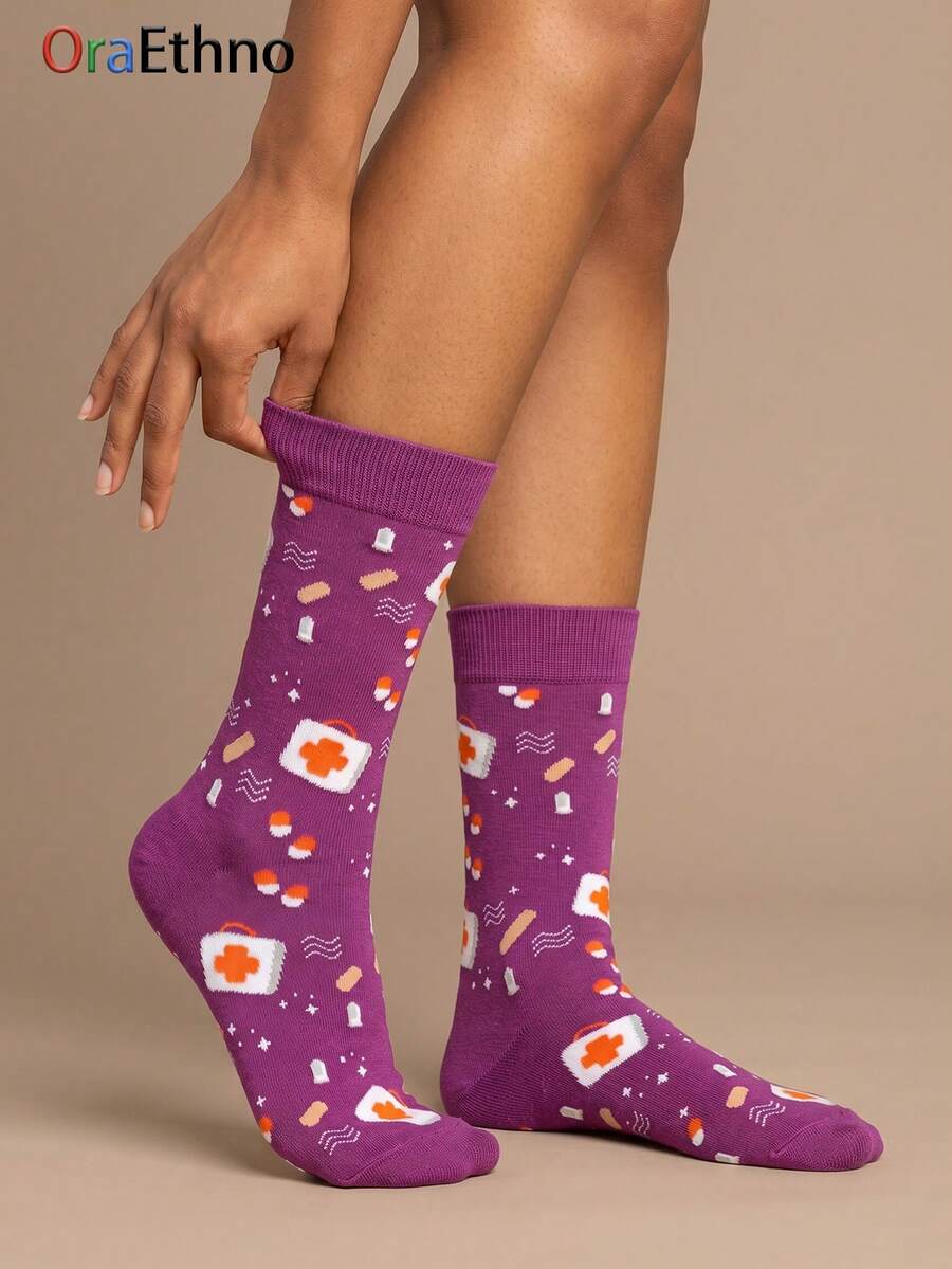1 đôi tất cổ cao unisex màu tím họa tiết sơ cứu, chất liệu polyester thoáng khí, họa tiết gân nổi, thích hợp làm quà tặng Ngày Y tá. - Nhiều màu - Xem 1