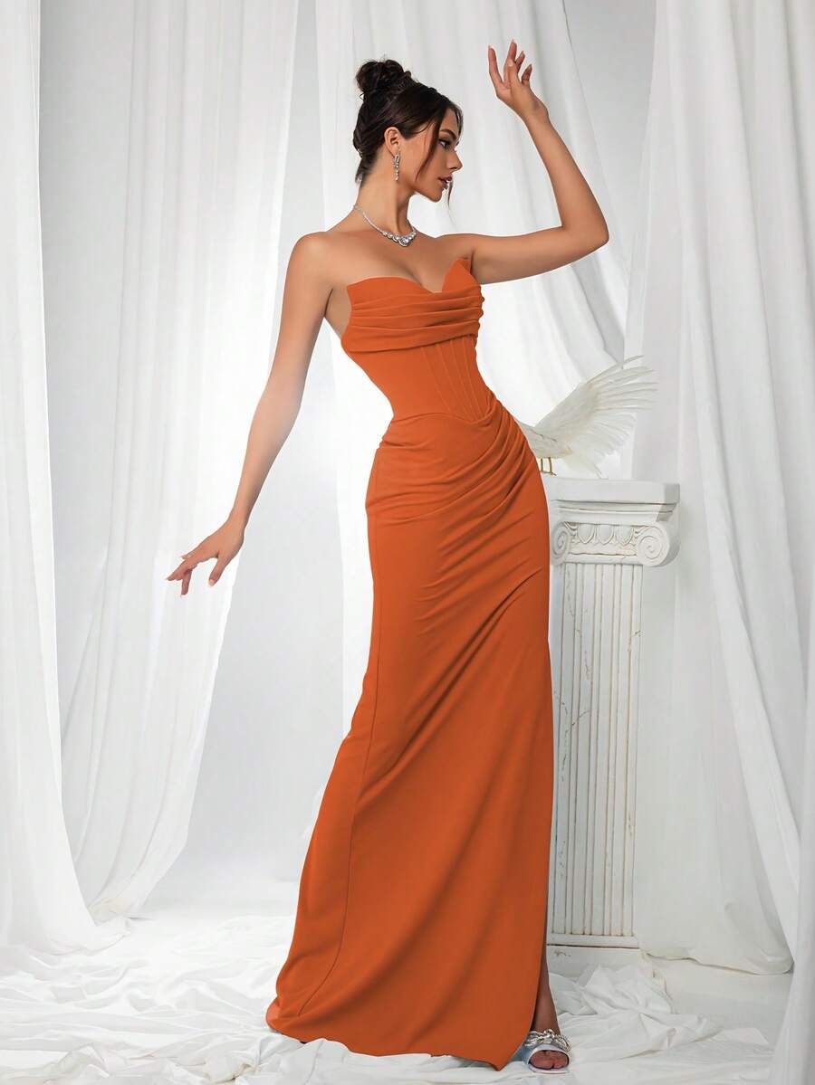 Đầm phù dâu thanh lịch VIPGIRL: Đầm satin ôm sát không dây vai, tôn dáng với phần thân trên kiểu corset và eo xếp ly – Trang phục dạ hội sang trọng tối giản, trang phục dự tiệc cưới. - trái cam - Xem 1