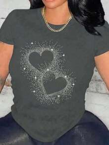 Camiseta Casual Negra de Manga Corta para Mujer con Diseño de Corazón de Lentejuelas, Cuello Redondo, Corte Regular, Top de Poliéster, playeras de mujer algodon - Estilo IV - Ver 3