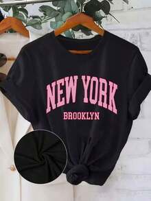 1 pcsNueva camiseta de mujer  otoño-invierno, de manga corta con cuello redondo, 100% algodón, holgada, de estilo casual y versátil con estampado moderno, ideal como prenda básica.180g 100% Cotton - Negro 6 - Ver 9