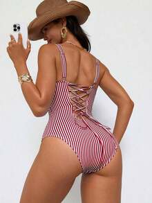 Traje de baño de una pieza con control de abdomen, con cordón, espalda descubierta, a rayas azul y blanco, con efecto push-up, para playa, resort y fiesta - Rojo y blanco - Ver 8