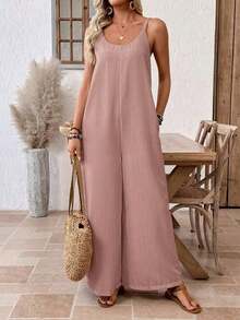 Mono Casual de Pierna Ancha con Bolsillos en Color Sólido para Mujer - Rosa vieja - Ver 1