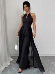 Mono elegante de mujer con cuello en V, cintura ajustable, sin mangas, de gasa con parches, y bajo translúcido - Negro - Ver 5