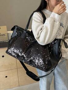 New Fashionable Travel Bag With Jacquard Pattern, Minimalist Niche Design, Stylish And Popular, Suitable For Short Trips, Fitness, With Spliced Color Blocks, Large Capacity, Versatile - Blue - View 4