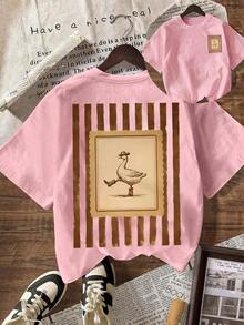 Camiseta de Mujer con Estampado Divertido de Ganso Vaquero del Oeste, Manga Corta, Cuello Redondo, Estilo Casual, Top de Verano - Rosa Pálido - Ver 6