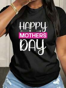1 pieza Camiseta para Mujer "Feliz Día de la Madre, Feliz Mamá", de manga corta, cuello redondo, estilo casual, con tela de elasticidad media, adecuada para primavera, verano y otoño, diseño divertido, lavable a máquina, 180g, 100% algodón suave. - Negro - Ver 1