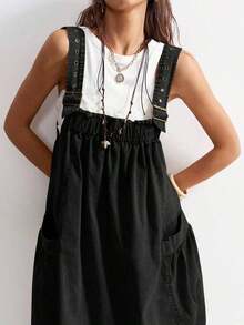 BohoFeels Vestido casual de unicolor, tejido, suelto y de largo medio para mujeres - Negro - Ver 3