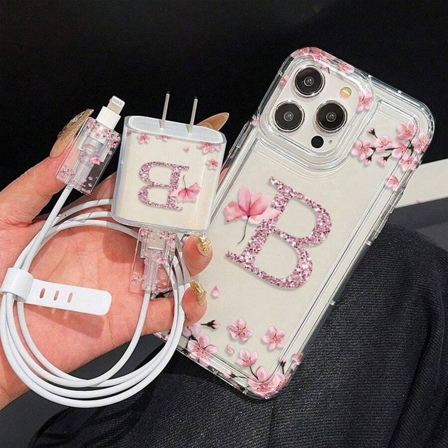 5-In-1 Floral & Letter B Pattern Protective Case Set: Phone Case + Charger Head Cover + Cable Protector + Storage Cord, TPU Shockproof Full Coverage Phone Case Compatible With Apple 16, 15, 14, 13, 12, 11 Pro Max - Multicolor - View 1