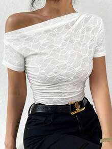 Camiseta sencilla y de moda de manga corta, ajustada y hombros descubiertos de unicolor para mujer - Blanco 5 - Ver 9