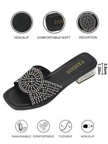 Women's Metallic Glamorous Style Rhinestone Criss-Cross Strap Slide Sandals, Party, Holiday, Wedding, Outdoor Wear, Spring/Summer, Square Toe, Metallic Plated Low Heel, Slip-On, Open Toe, Shiny - Black 4 - View 2