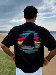 Camiseta de hombre con estampado gráfico, ropa de playa de verano, camiseta de manga corta de corte holgado - Negro - Ver 4