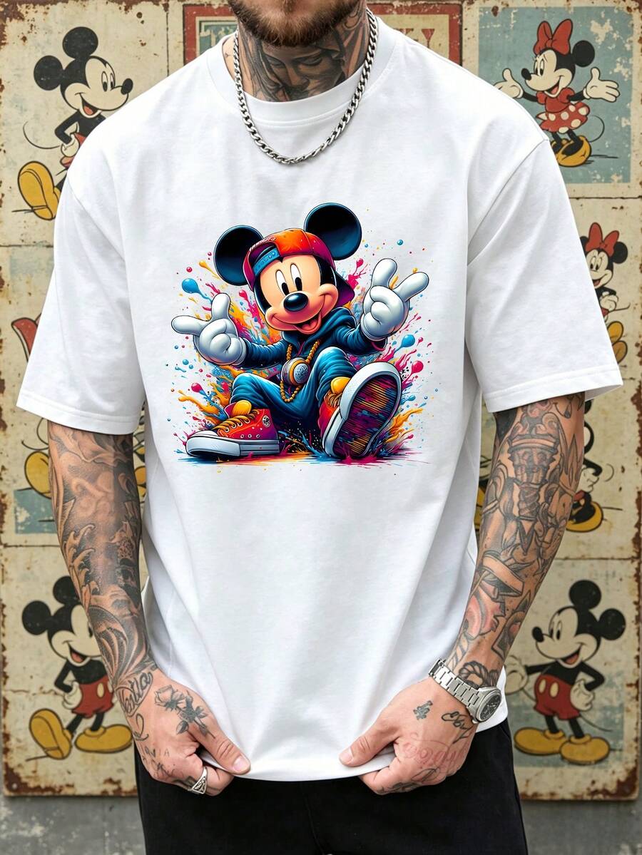 Disney Men's Hip Hop Mickey Mouse Graphic T-Shirt, Crew Neck Short Sleeve Casual Tee, Retro Graffiti Streetwear Print Top For Men - 白色 - 查看 1