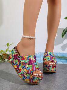 2025 Latest Fashion Women's Shoes, Colorful Striped Round Toe Platform Wedge Sandals, High Waterproof Slip-On Suitable For Home And Outdoor Wear, Elegant Personalized Party Date Increased Height Comfortable Stable Sandals - Green - View 5
