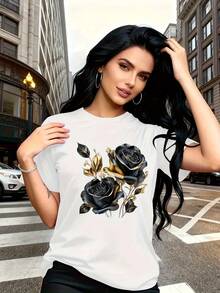 Camiseta suave 100% algodón. Una camiseta elegante y transpirable con un lujoso diseño vintage y un patrón de rosas negras y doradas, perfecta para viajes familiares, eventos universitarios, uso casual, desplazamientos diarios, conjuntos a juego para hermanas y uso versátil. Camiseta de algodón transpirable, combina con todo. - Blanco - Ver 2