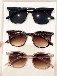 3pcs Plastic Square Full Frame Multi-Color Inlaid Nail Polish Tinted Retro Bohemian Decorative Portable Ins Style Fashion Eyeglasses, Suitable Women Summer Beach Holiday Costume - 1pc Leopard Frame Double Tea Set - View 4