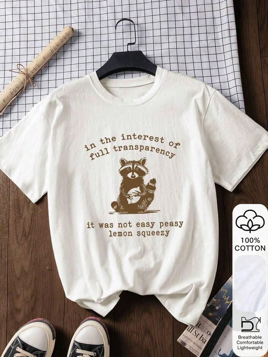 1 Piece Of White Short-Sleeved T-Shirt 100% Cotton With Raccoon Print 2026, Summer Casual Wear, Back To School Inspiration, Back To School Essential, First Day Of School Outfit, Summer Cotton T-Shirt 180g 100% Cotton. - 白色 - 查看 1