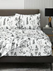 4-Piece Bohemian Geometric Vintage Floral Bedding Set, Easy Care Soft Bedding, Includes 1 Flat Sheet + 1 Fitted Sheet + 2 Pillowcases, King/Queen/Full/Twin Sizes, Deep Pocket Fitted Sheet Fits Up To 11.8 Inches - Black and White - View 2