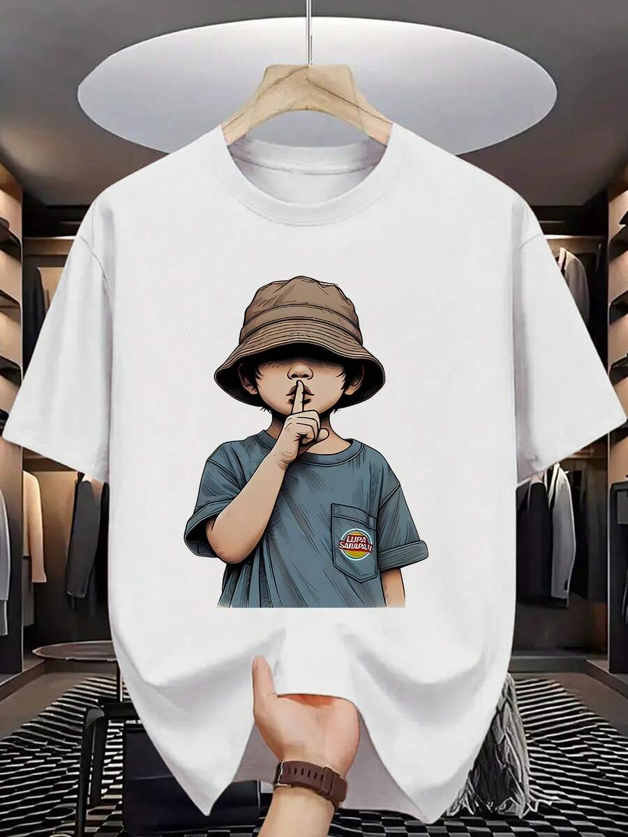 Short-Sleeved T-Shirt With Round Neck And Colorful Cartoon Portrait Print | Made From Comfortable Micro-Elastic Fabric, Perfect For Casual Everyday Wear In Summer, A Must-Have Item For Men's Fashion. - Nhiều màu - Xem 1