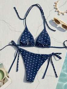 Swim Mod Women's New Solid Color Triangle Cup Bikini Set, Sexy Tie-Up Two Pieces Swimsuit For Summer Beach Vacation - Màu xanh hải quân - Xem 2