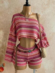 Casual 2-Piece Set Consisting Of A Cropped Top With An Irregular Neckline And Lettuce Hem, And Shorts, In A Solid Color, For Vacation, Spring/Summer - Multicolor 13 - View 1