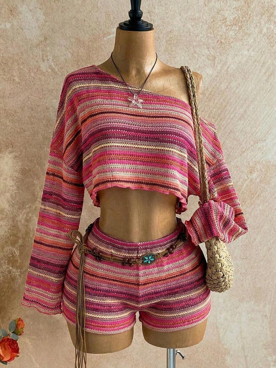 Casual 2-Piece Set Consisting Of A Cropped Top With An Irregular Neckline And Lettuce Hem, And Shorts, In A Solid Color, For Vacation, Spring/Summer - Multicolor 13 - View 1