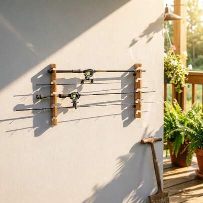 Horizontal Fishing Rod Rack - Wooden Floating Wall Shelf & Storage Organizer - Deluxe Vintage-Style Carbonized Solid Wood Wall-Mounted/Ceiling-Mounted Rod Storage Rack - Holds 5 Fishing Rods